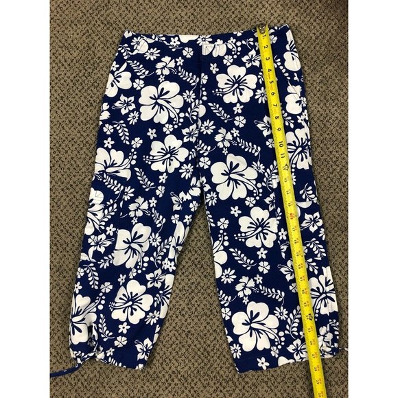 Outlook Womens Pants 1 Blue Floral Hawaiian Crop Capri Cargo Pockets Tie Hem - Picture 8 of 12